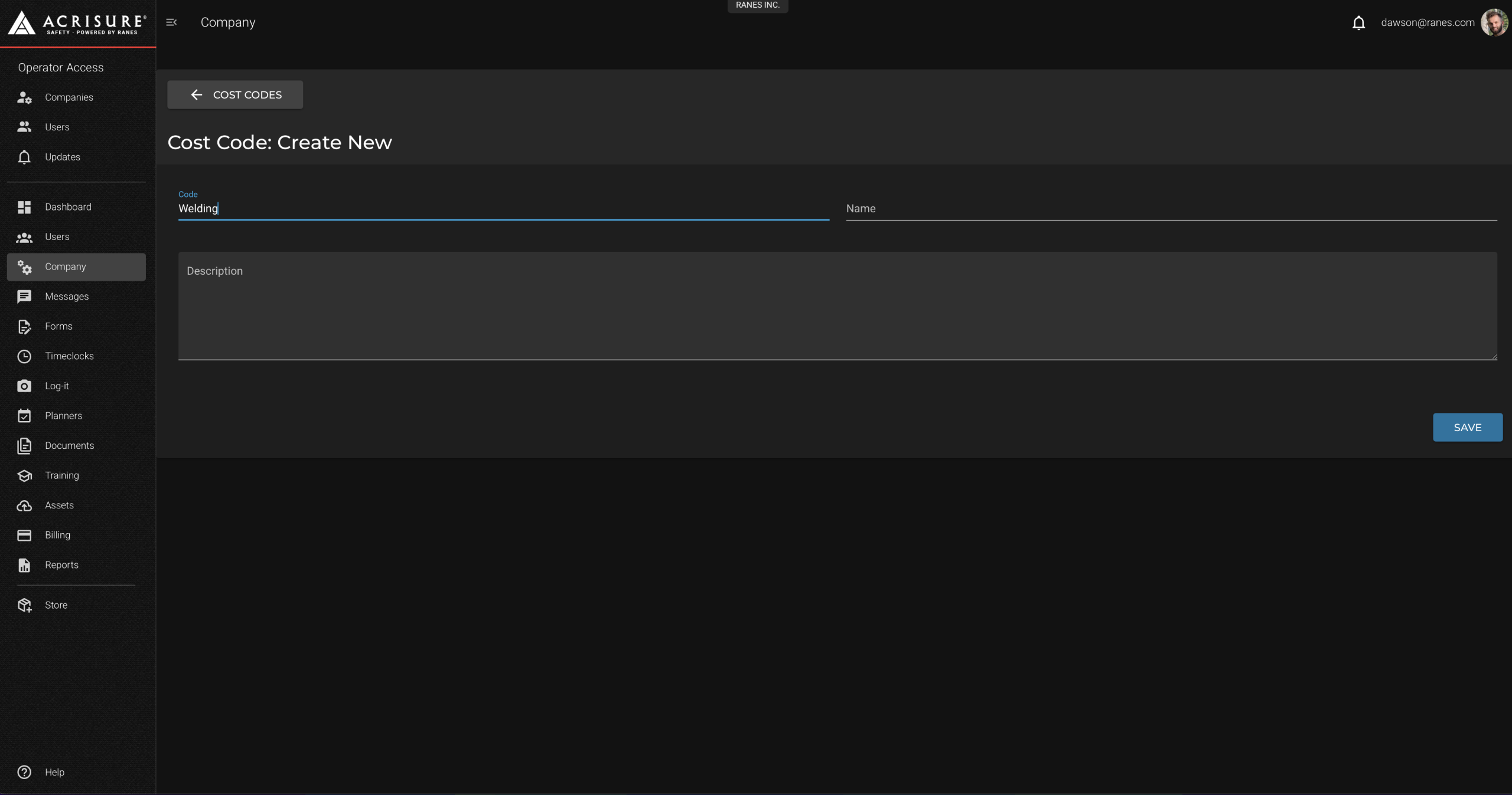 Create Cost Code Screen
