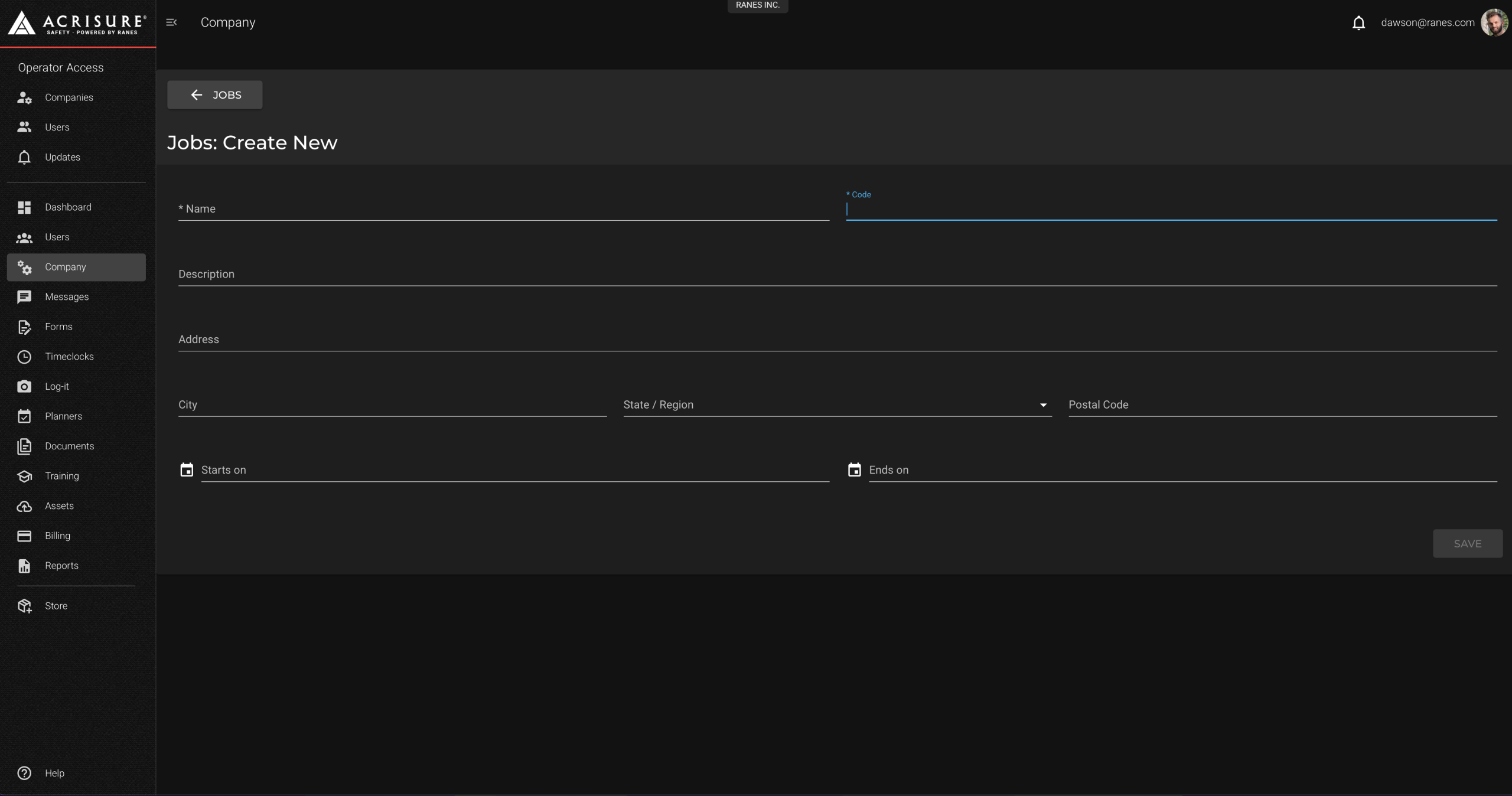 Create Job Screen