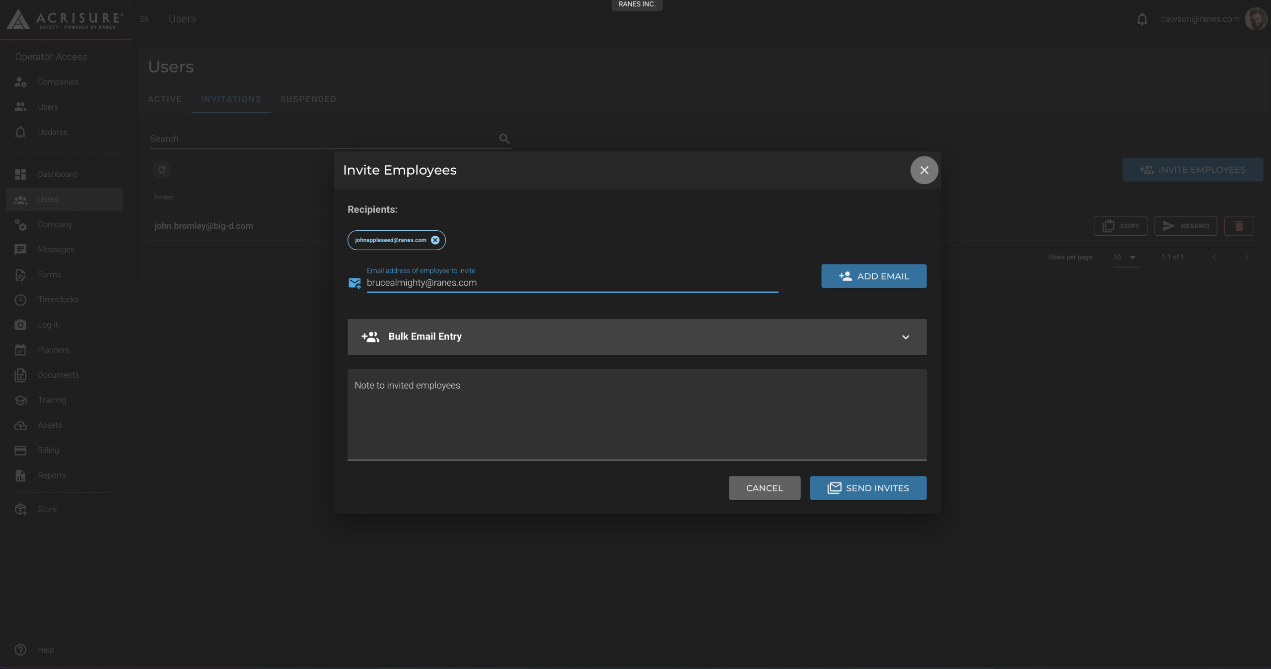 Invite Employees Screen